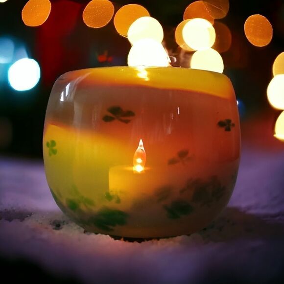 Hand Blown Art Glass Votive Candle Holder Shamrocks Swirl Signed Thick Heavy - Picture 1 of 16
